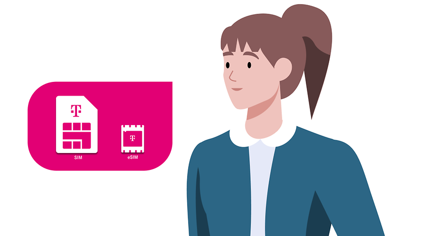 Frau mit Sim-Karte und eSim Icon in einer Gedankenblase