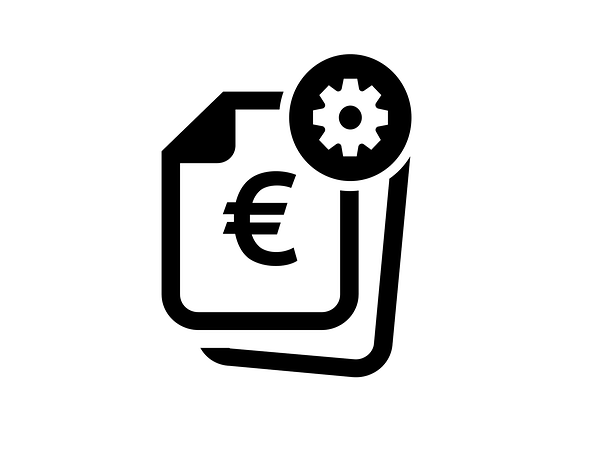 Zwei Blätter mit einem Euro Zeichen und ein Zahnrad oben rechts