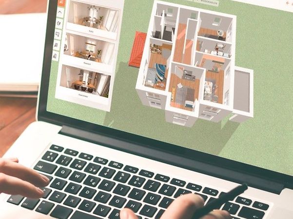 Laptop-Bildschirm mit virtuellem Hauskonfigurator von Hass Fertigbau