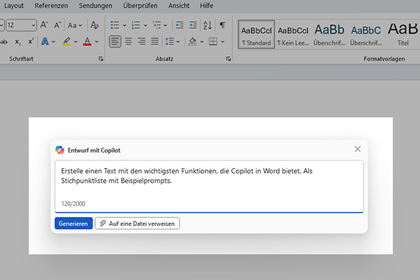 Starten Sie ein neuen Text über die Copilot-Eingabefläche