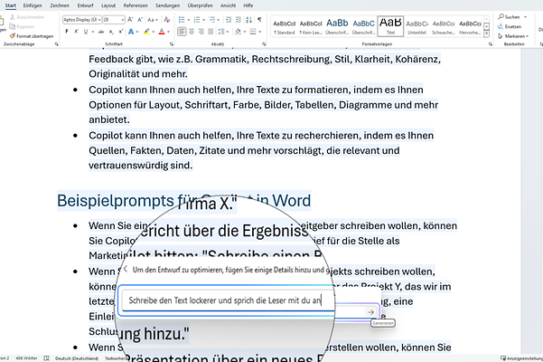 Ändern Sie Stil, Inhalte oder Länge von Texten direkt per Copilot