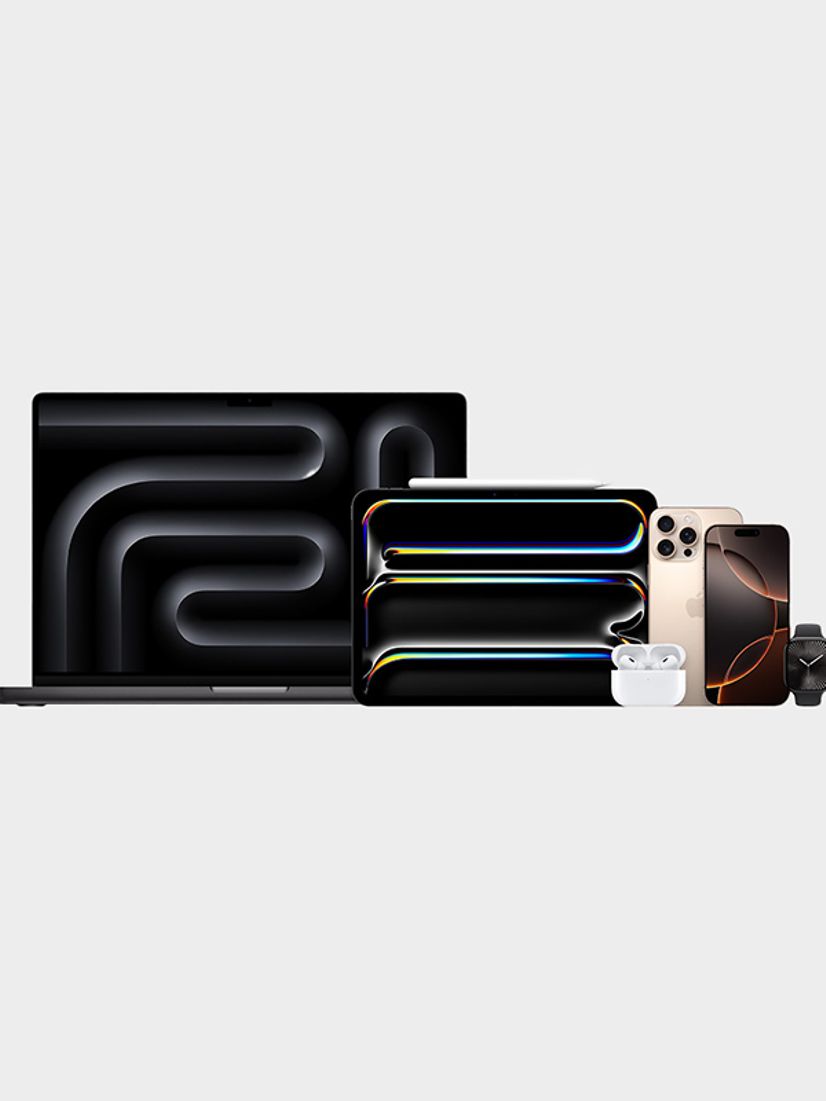Verschiedene Apple-Geräte auf einem Blick: MacBook, iPhone, AirPods, iPad und Apple Watch nebeneinander angeordnet.