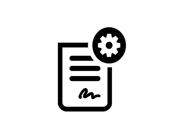 Ein Blatt-Papier mit Text und einen Zahnrad oben rechts