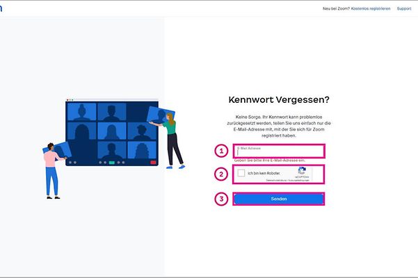 Bild zeigt die Seite von Zoom X "Kennwort vergessen"