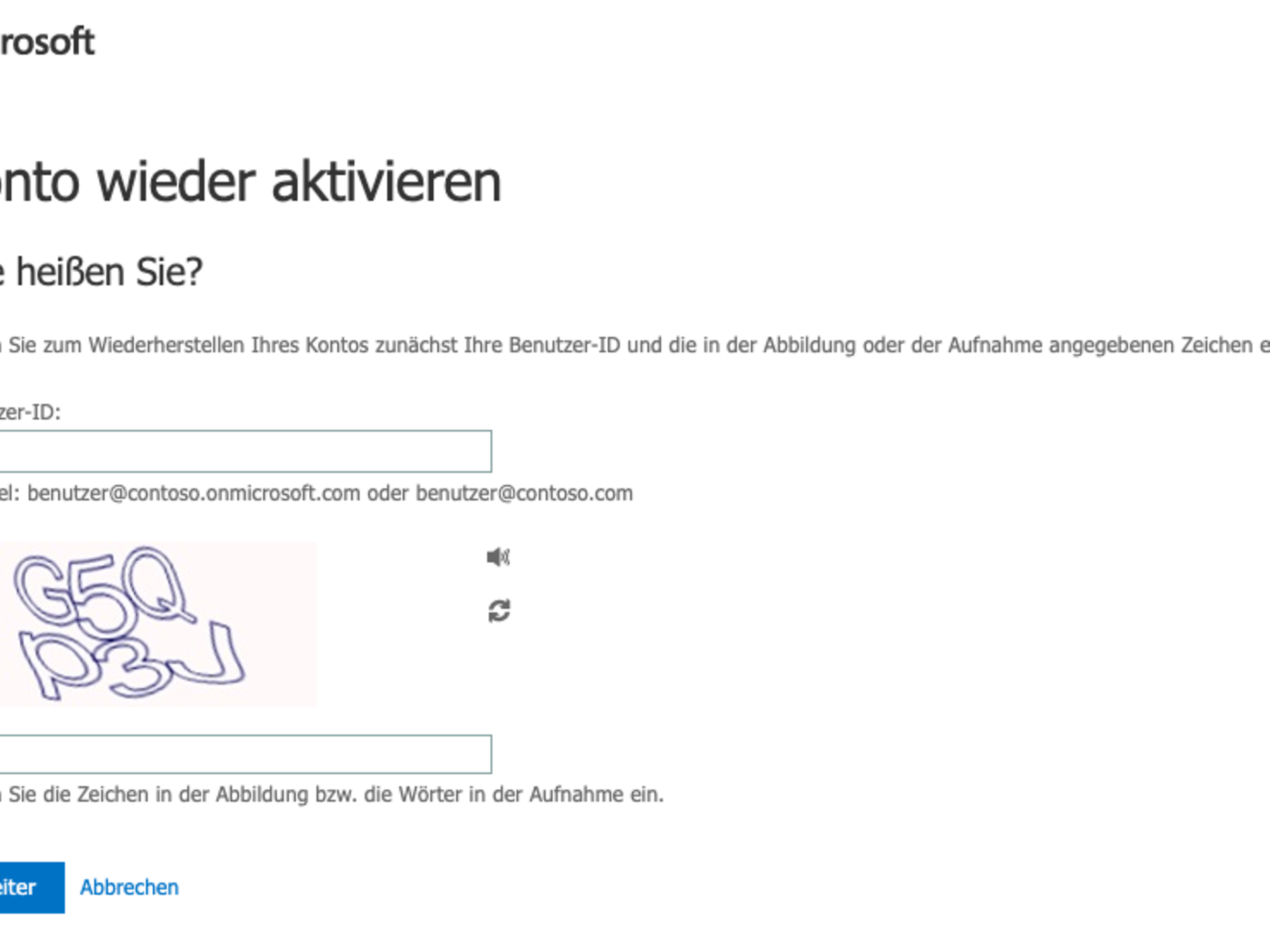 Ansicht der Kontowiderherstellung