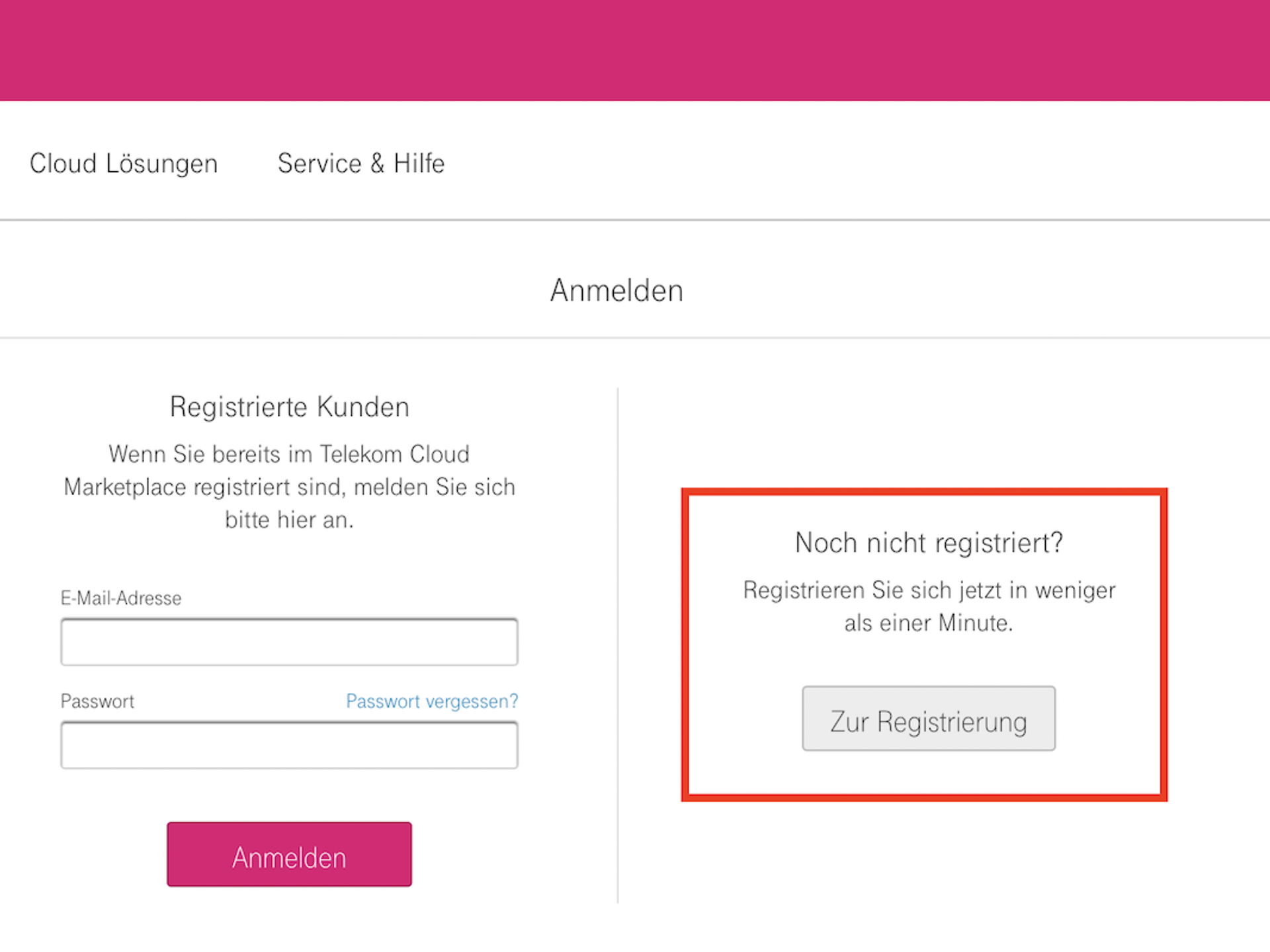 Telekom Cloud Marketplace-Registrierung