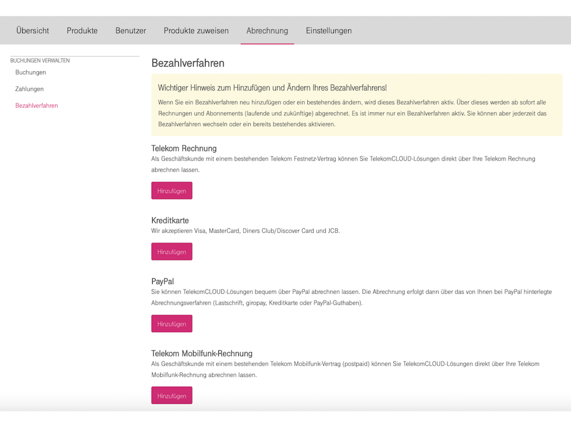Telekom Cloud Marketplace-Bezahlverfahren