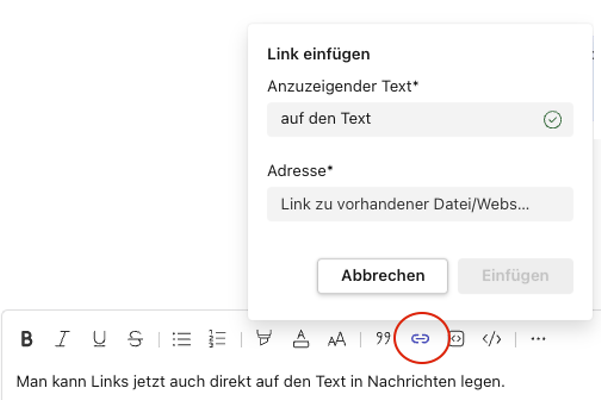 Fügen Sie Links auf einzelnen Worte oder Sätze direkt im Text einer Nachricht ein.