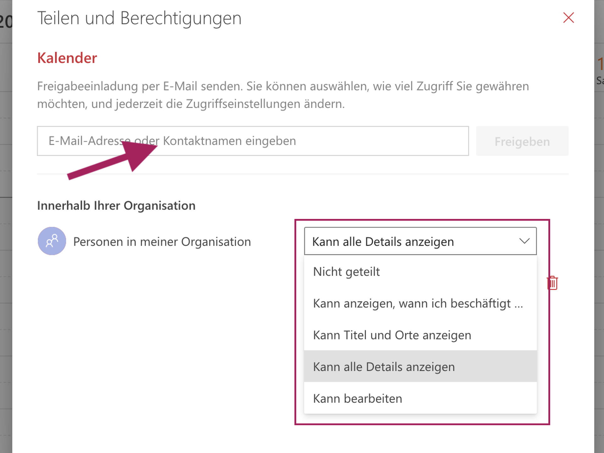 Kalender Berechtigung für Freigabe auswählen