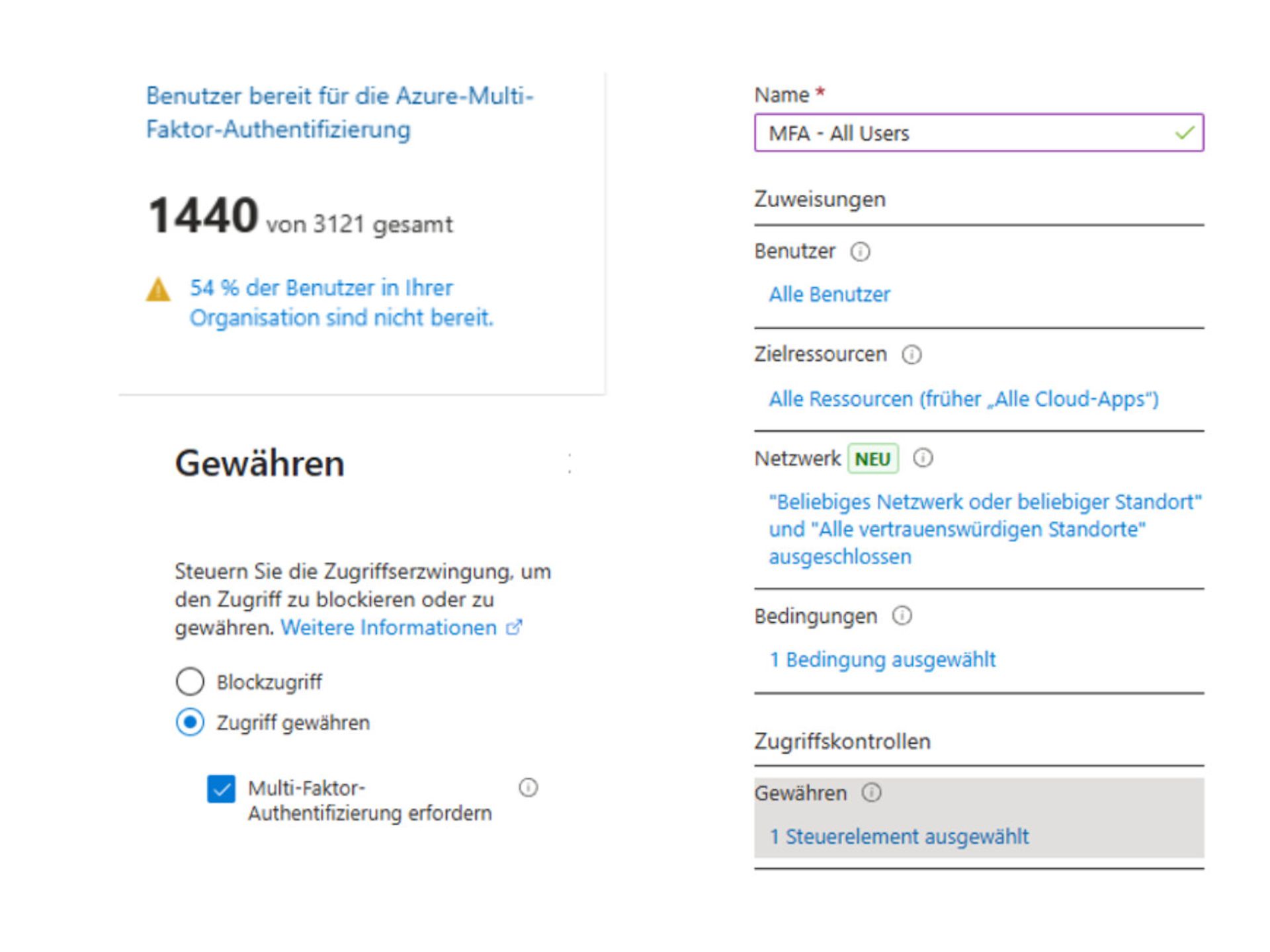 Screenshot der Einstellungen für Multi-Faktor-Authentifizierung (MFA) in Microsoft Entra ID.