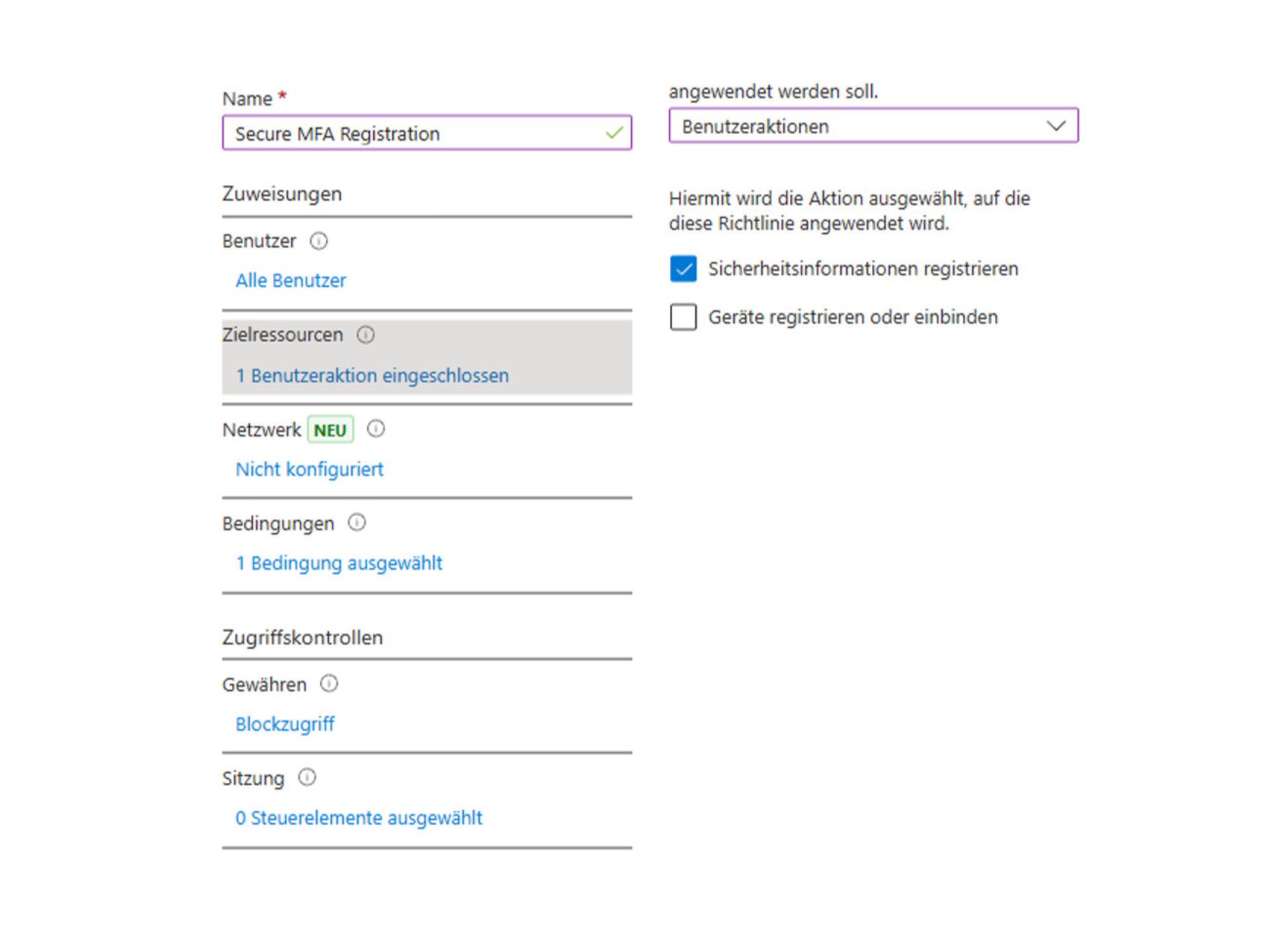 Screenshot der CA-Policy zur Forcierung der MFA-Registrierung