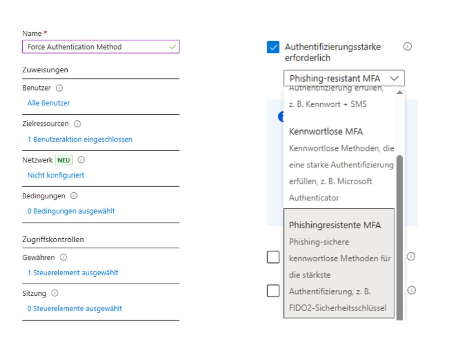 Screenshot der CA-Policy zur Festlegung der MFA-Authentifizierungsstärke