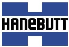 Blue and white logo with black lettering HANEBUTT